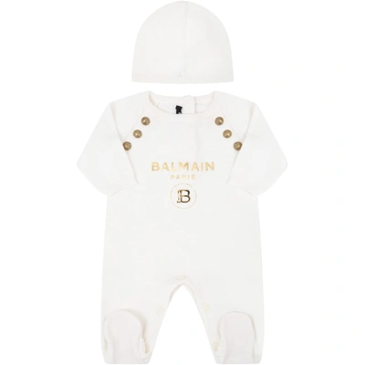 Shop Balmain Ivory Suit For Babykids With Logo In White