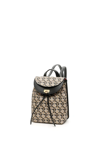 Shop Ferragamo Gancini Print Backpack In Sand Black (white)