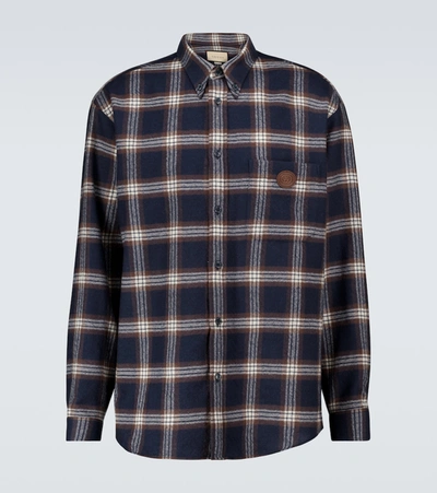 Logo-patch Checked Wool-flannel Shirt In Blue