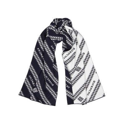 Shop Givenchy Navy Logo-intarsia Wool Scarf