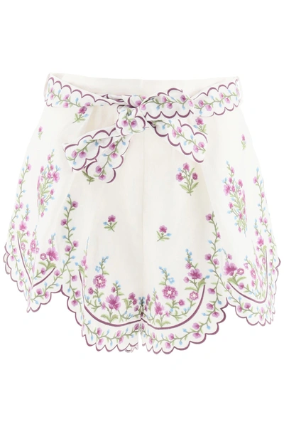 Shop Zimmermann Poppy Floral Scallop Shorts In Lilac Embroidery