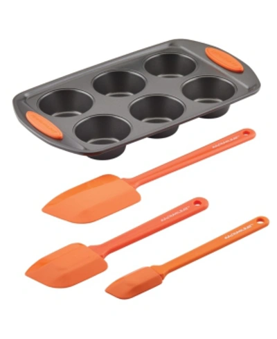 Shop Rachael Ray Yum-o! 4-pc. Bakeware Oven Lovin' Nonstick Muffin And Cupcake Making Set In Gray With Orange Grips