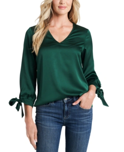 Shop Cece V-neck Satin Blouse With Tie Sleeves In Alpine Green