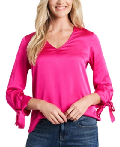 Shop Cece V-neck Satin Blouse With Tie Sleeves In Aurora Pink