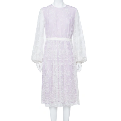 Pre-owned Burberry White & Lilac Embroidered Lace Balloon Sleeve Detail Midi Dress M In Purple