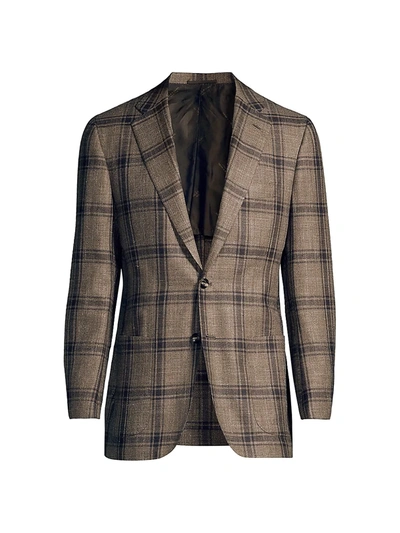 Shop Kiton Plaid Cashmere, Wool, Silk & Linen Sportcoat In Brown
