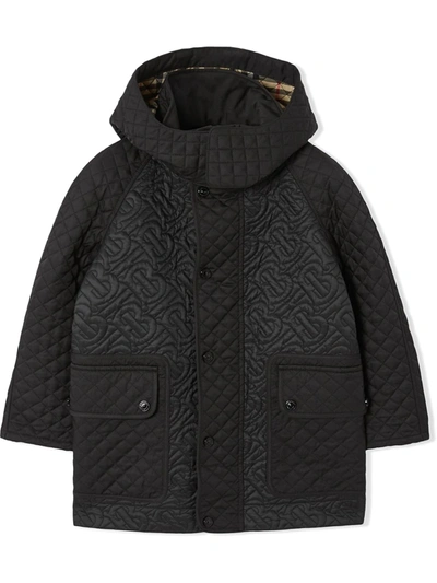Shop Burberry Detachable Hood Monogram Quilted Coat In Black
