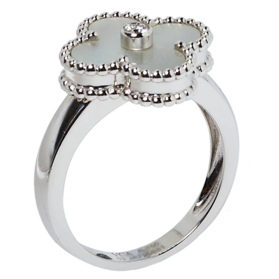 Pre-owned Van Cleef & Arpels Vintage Alhambra Mother Of Pearl Diamond 18k White Gold Ring Size 53