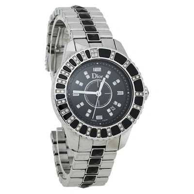 Pre-owned Dior Black Diamonds Stainless Steel Christal Cd113115m001 Quartz Women's Wristwatch 34 Mm