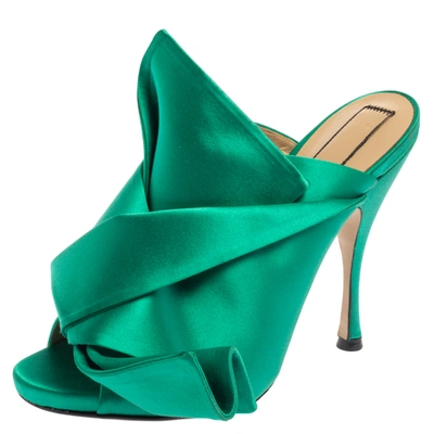 Pre-owned N°21 Emerald Green Satin Raso Knot Peep Toe Mules Size 38