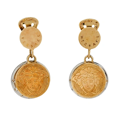 Pre-owned Versace Two Tone Crystal Halo Medusa Drop Clip On Earrings In Gold