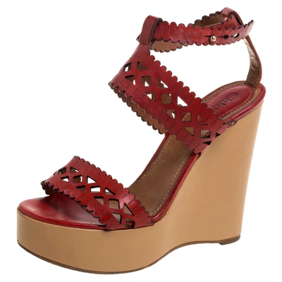 Pre-owned Chloé Red Leather Laser Cut Wedge Sandals Size 37.5
