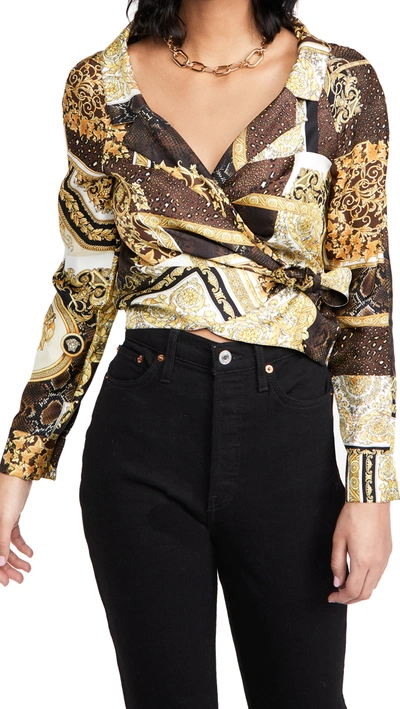 Shop Versace Barocco Patchwork Silk Blouse In Oro/marrone/bianco