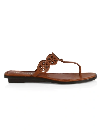 Shop Tory Burch Women's Tiny Miller Leather Cut-out Wedge Thong Sandals In Burnt Cuoi