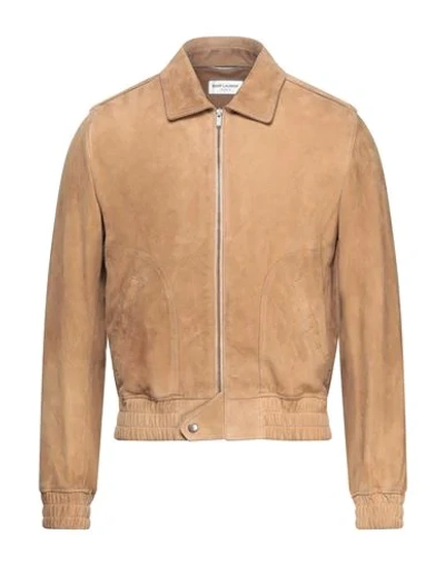 Shop Saint Laurent Man Jacket Camel Size 46 Lambskin In Beige