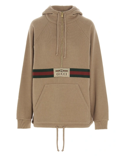 Shop Gucci Logo Patch Web Stripe Hoodie In Beige