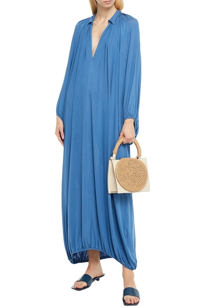 Shop Totême Paliano Gathered Stretch-knit Maxi Dress In Azure