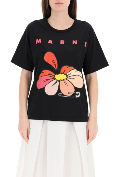 Shop Marni Flowers T-shirt In Black (black)