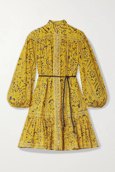 Shop Zimmermann Lulu Belted Ruffled Printed Cotton Mini Dress In Yellow