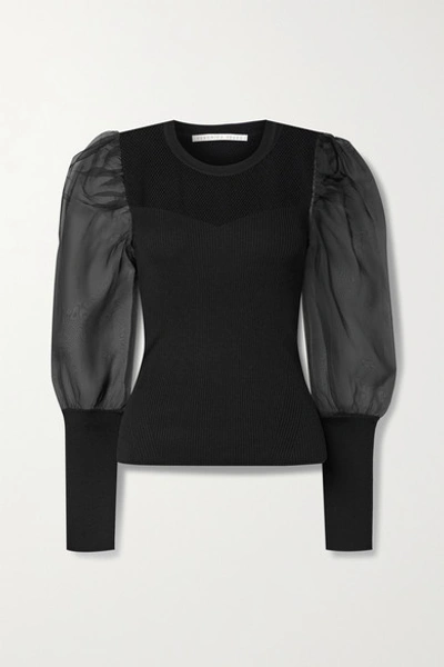 Shop Veronica Beard Leila Ribbed Merino Wool-blend And Silk-organza Sweater In Black