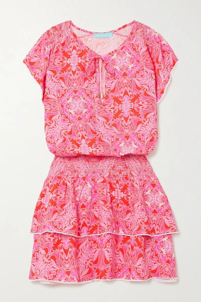 Shop Melissa Odabash Keri Ruffled Crochet-trimmed Floral-print Voile Mini Dress In Pink