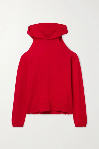 Shop Rta Juno Cold-shoulder Distressed Cashmere Hoodie In Red