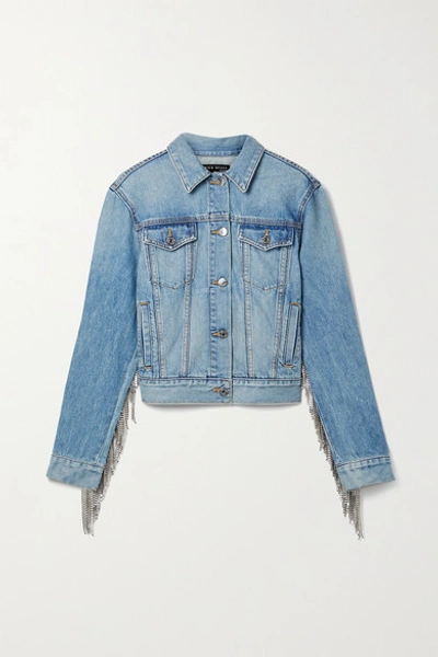Shop Veronica Beard Kinley Crystal-embellished Fringed Denim Jacket In Blue