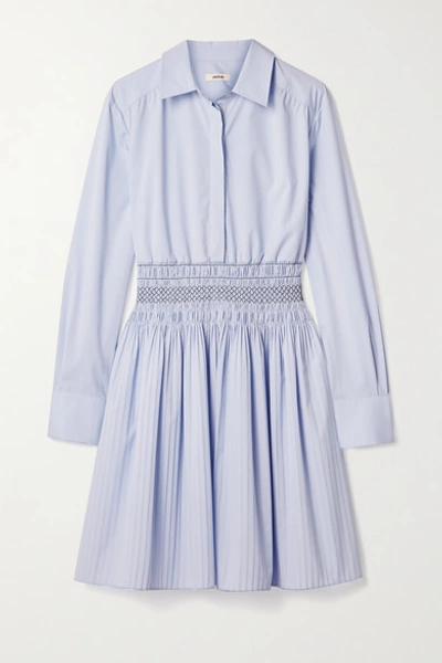 Shop Jason Wu Shirred Cotton-blend Poplin Mini Shirt Dress In Light Blue