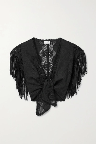 Shop Miguelina Madison Cropped Fringed Embroidered Cotton-blend Top In Black