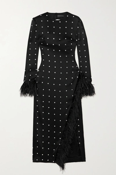 Shop David Koma Open-back Feather-trimmed Crystal-embellished Satin Midi Dress In Black