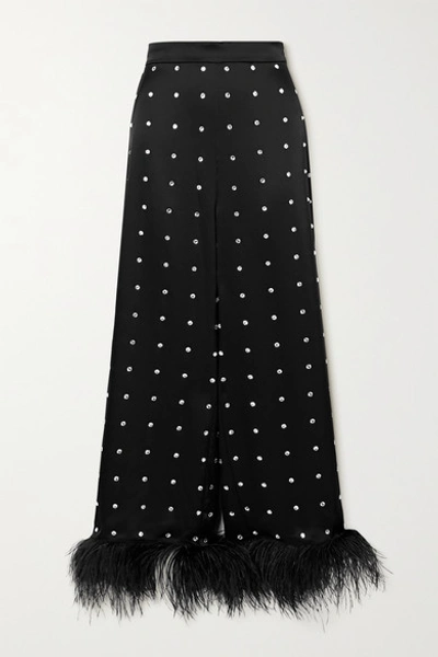 Shop David Koma Cropped Feather-trimmed Crystal-embellished Satin Wide-leg Pants In Black