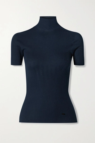 Shop Akris Ribbed Mulberry Silk And Cotton-blend Turtleneck Top In Navy