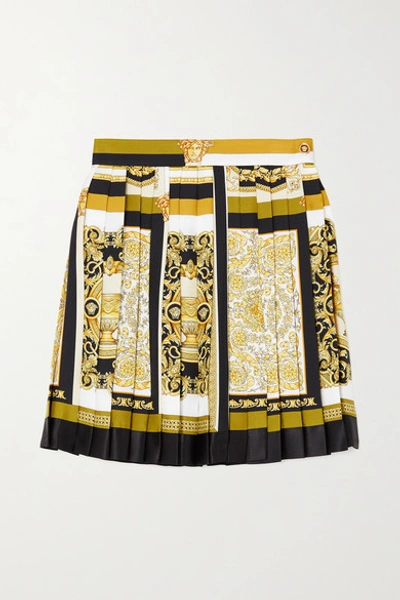 Shop Versace Pleated Printed Silk-twill Mini Skirt In Brown