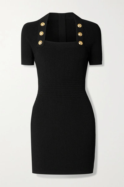 Shop Balmain Button-embellished Ribbed-knit Mini Dress In Black