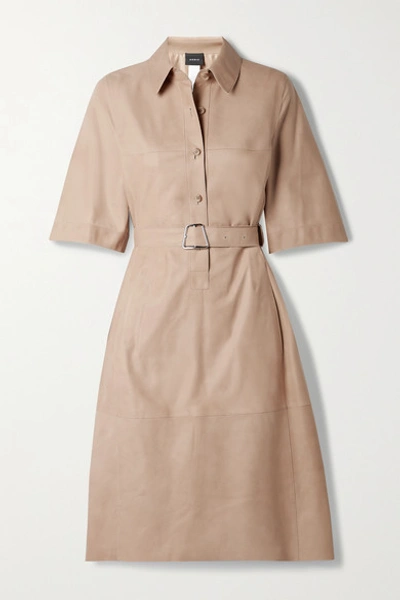 Shop Akris Belted Paneled Leather Shirt Dress In Sand