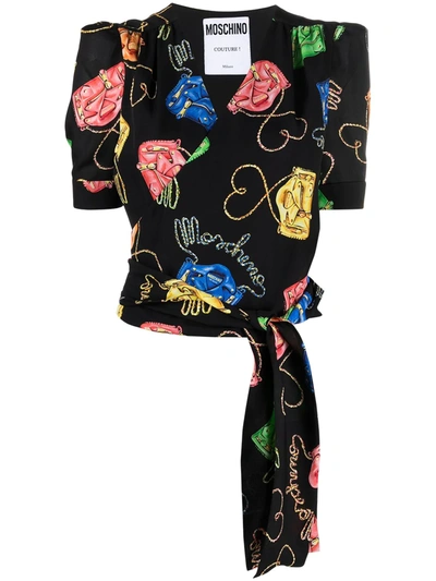 Shop Moschino Printed Wrap Top In Black