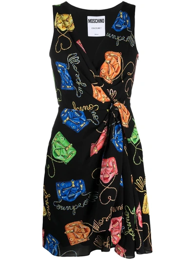 Shop Moschino Biker Bag-print Wrap Dress In Black