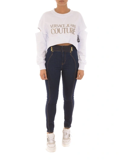 Shop Versace Jeans Couture Rhinestone Logo Cropped Sweatshirt In White