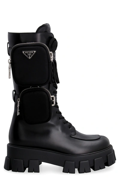 Shop Prada Monolith Leather Combat Boots In Black