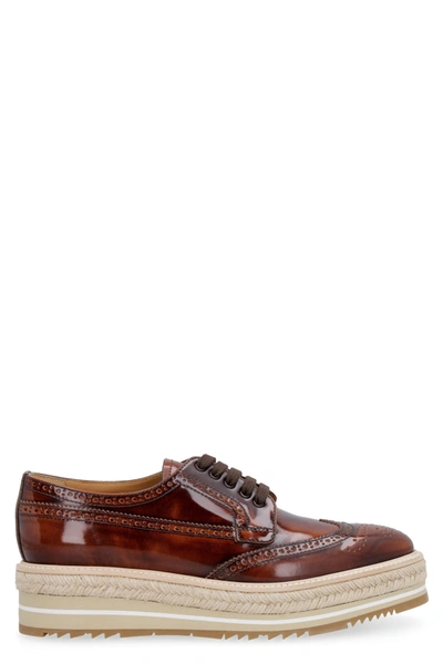 Shop Prada Leather Brogues Lace-up Shoes In Brown