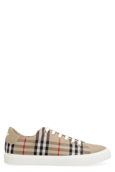 Shop Burberry Checked Canvas And Leather Sneakers In Beige