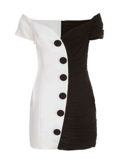 Shop Balmain Short Off-the-shoulder Draped Dress In Gab Blanc Noir
