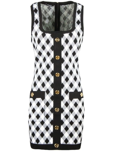 Shop Balmain Short Buttoned Gingham Jacquard Dress In Eab Noir Blanc