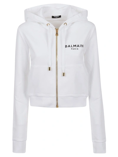 Shop Balmain Short Zipped Printed Logo Detail Hoodie - Eco Design In Gab Blanc Noir