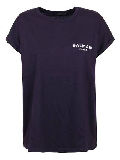 Shop Balmain Ss Flocked Logo Detail T-shirt - Eco Design In Saj Marine Blanc