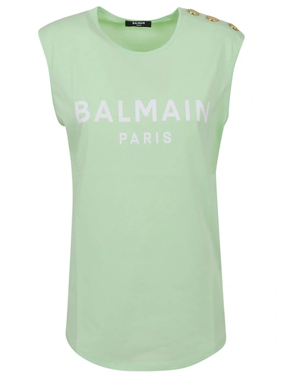 Shop Balmain 3 Btn Printed Logo Tank Top In Uam Vert Menthe Blanc