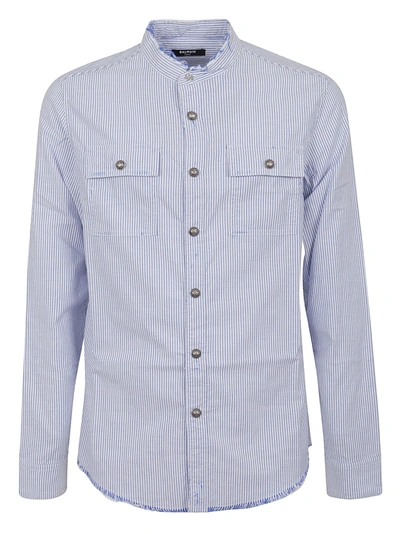 Shop Balmain Mao Collar Striped Shirt-used In Gbw Blanc Bleu Ciel