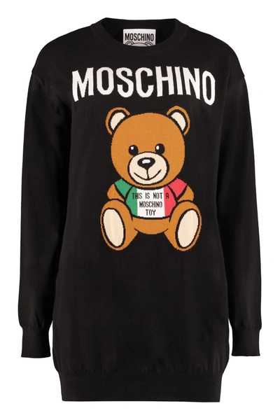 Shop Moschino Italian Teddy Bear Intarsia Knit-dress In Black