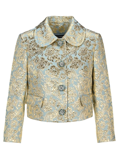 Shop Dolce & Gabbana Cropped Lamé Jacquard Jacket In Light Blue Gold