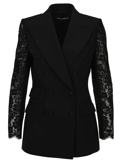 Shop Dolce & Gabbana Lace Sleeves Double-breasted Blazer In Black